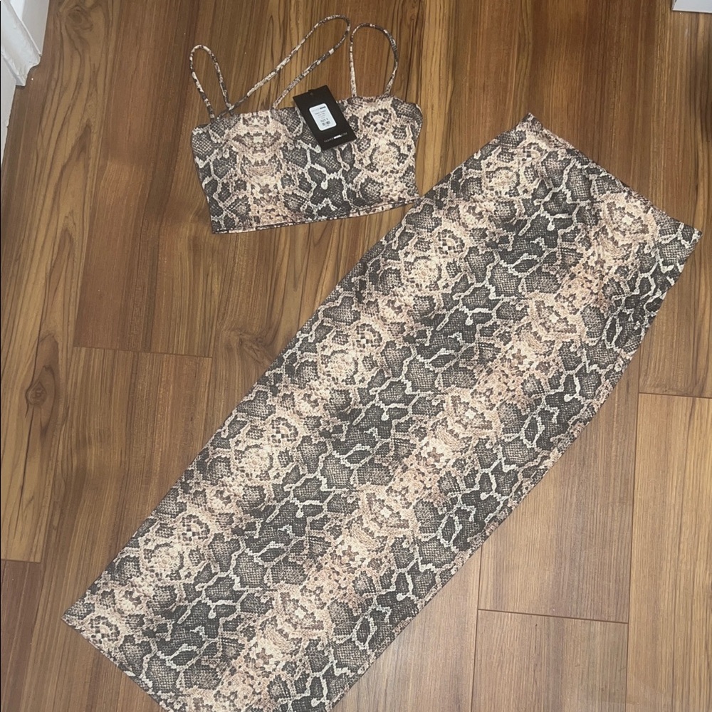 Fashion Nova Snake Print Crop Top & Midi Skirt Set - Beige Gray